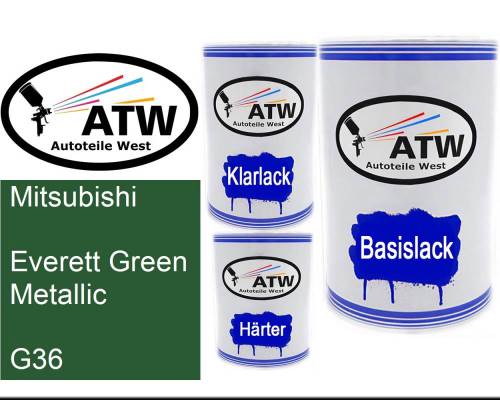 Mitsubishi, Everett Green Metallic, G36: 500ml Lackdose + 500ml Klarlack + 250ml Härter - Set, von ATW Autoteile West.